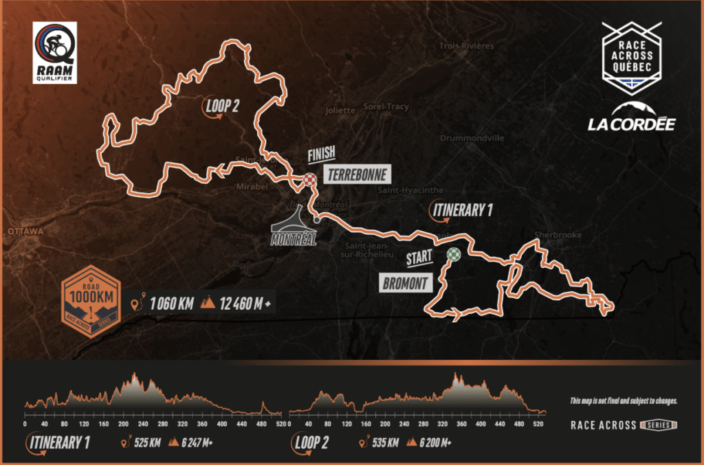 Carte du parcours de la course de vélo du Quebec 1000KM montrant les points de passage à travers plusieurs villes et montagnes, avec des étapes clés du trajet