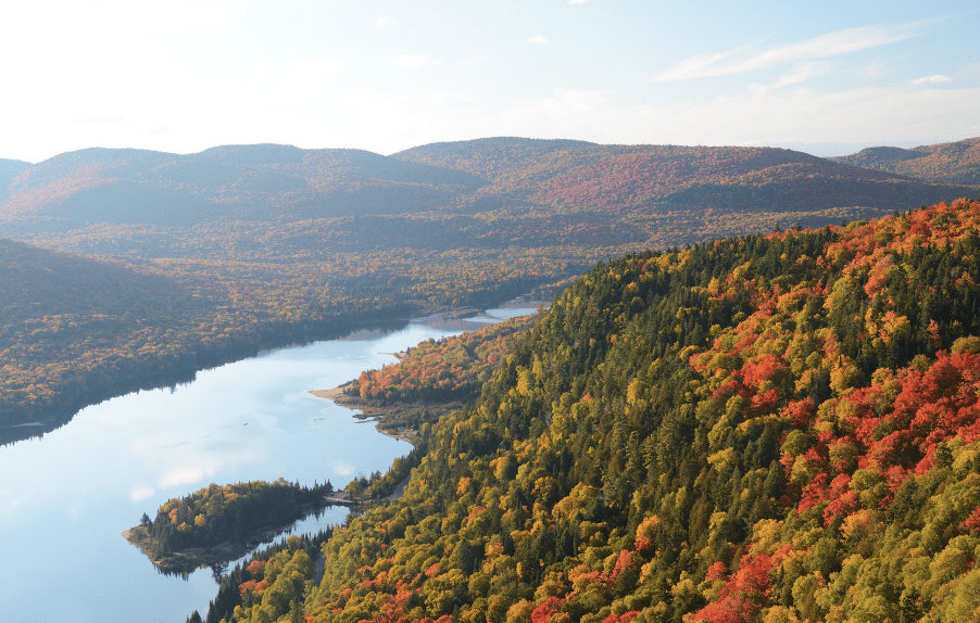 Vue du parc du Mont-Tremblant avec un lac tranquille entouré d'arbres aux couleurs automnales, sous un ciel bleu clair